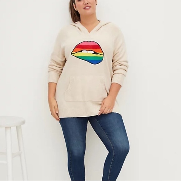 torrid hooded sweater rainbow lips pullover large nwt jumper cream new - Picture 1 of 11